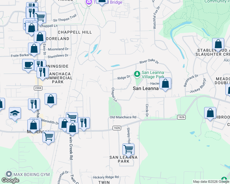 map of restaurants, bars, coffee shops, grocery stores, and more near 11517 Hunting Creek Lane in Austin