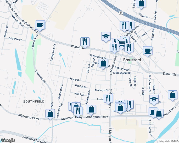 map of restaurants, bars, coffee shops, grocery stores, and more near 400 Clara Street in Broussard