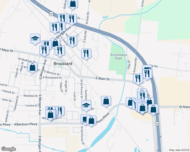 map of restaurants, bars, coffee shops, grocery stores, and more near 614 East 2nd Street in Broussard