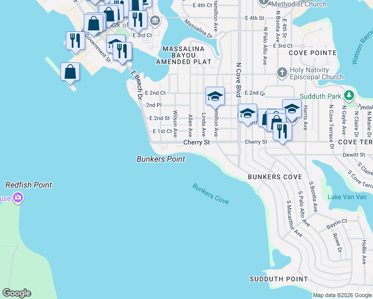 map of restaurants, bars, coffee shops, grocery stores, and more near 402 Cherry Street in Panama City