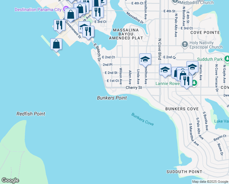map of restaurants, bars, coffee shops, grocery stores, and more near 100 Cherry Street in Panama City