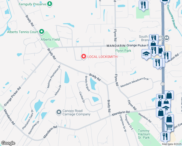map of restaurants, bars, coffee shops, grocery stores, and more near 12361 Brady Manor Way in Jacksonville