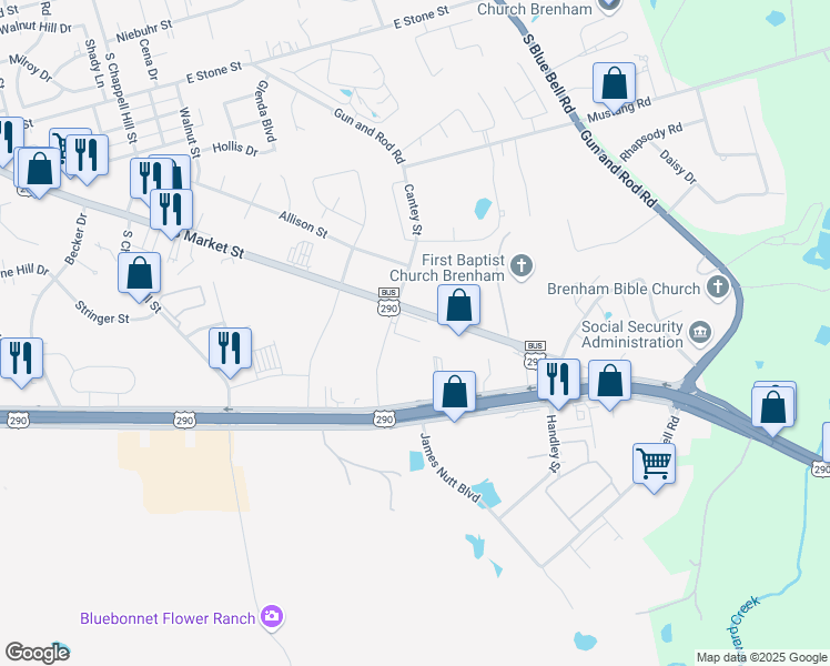 map of restaurants, bars, coffee shops, grocery stores, and more near 2681 Cantey Street in Brenham