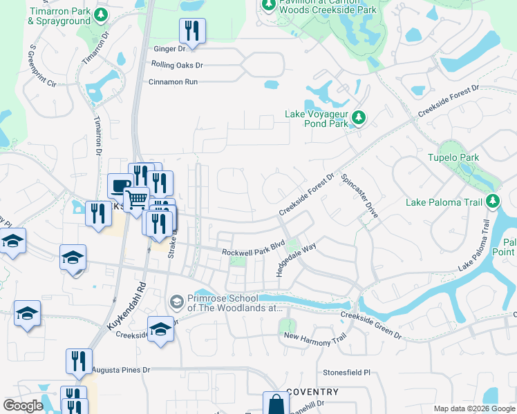 map of restaurants, bars, coffee shops, grocery stores, and more near 18 Shaded Arbor Drive in Spring