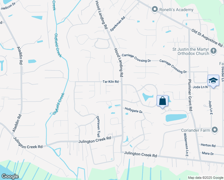 map of restaurants, bars, coffee shops, grocery stores, and more near 4219 Charlton Creek Court in Jacksonville