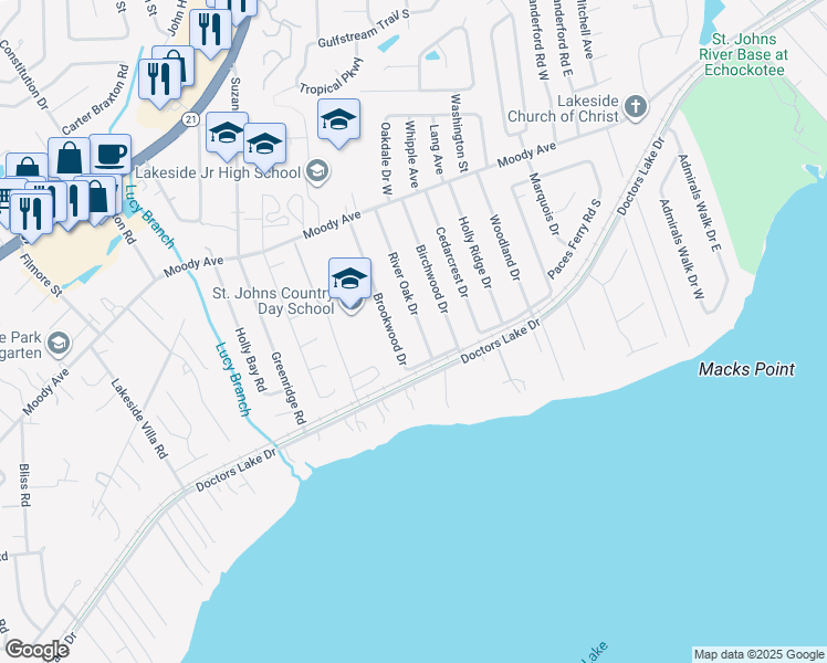 map of restaurants, bars, coffee shops, grocery stores, and more near 2866 River Oak Drive in Orange Park