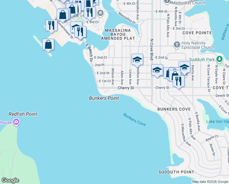 map of restaurants, bars, coffee shops, grocery stores, and more near 300 Cherry Street in Panama City