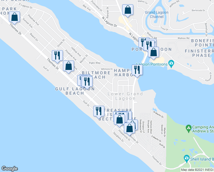 map of restaurants, bars, coffee shops, grocery stores, and more near 5322 Pinetree Avenue in Panama City Beach