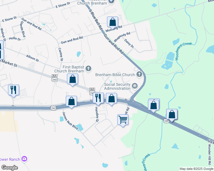 map of restaurants, bars, coffee shops, grocery stores, and more near 2803 Weeping Willow Circle in Brenham