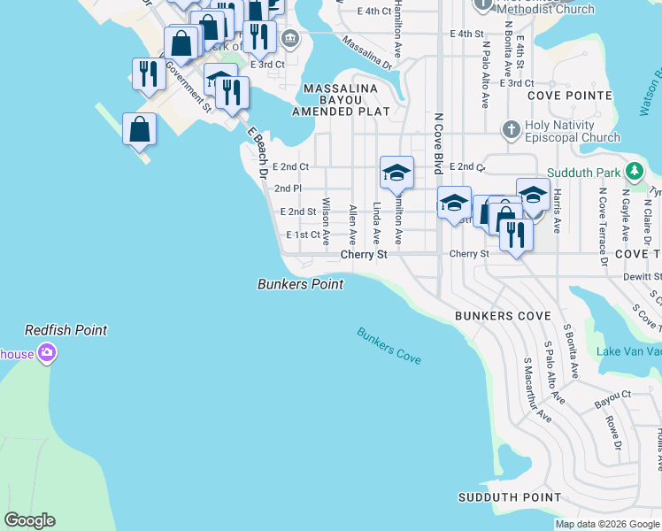 map of restaurants, bars, coffee shops, grocery stores, and more near 300 Cherry Street in Panama City