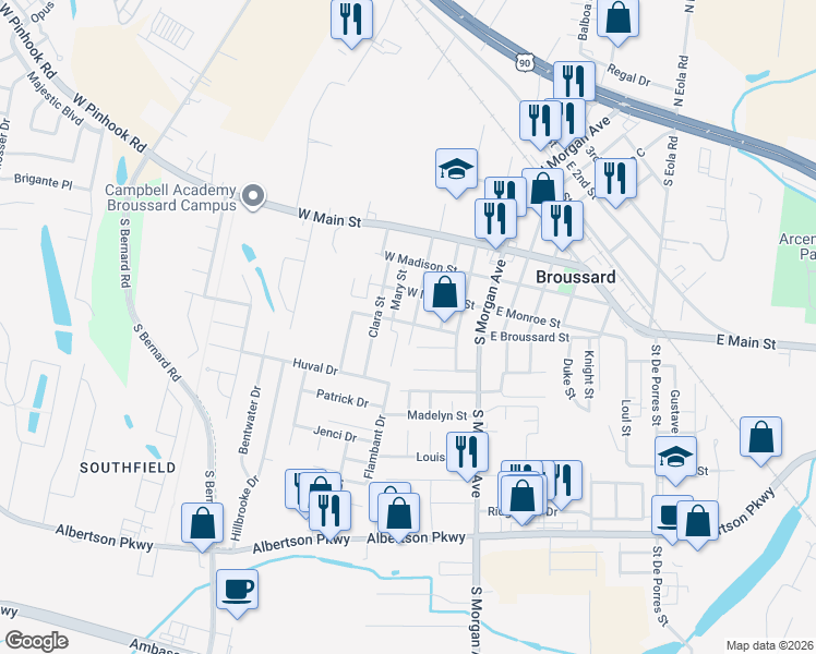 map of restaurants, bars, coffee shops, grocery stores, and more near 403 W Broussard St in Broussard