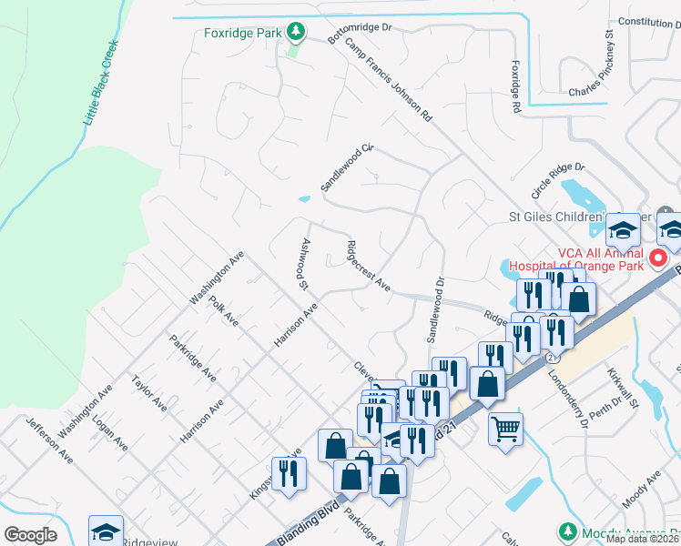 map of restaurants, bars, coffee shops, grocery stores, and more near 2553 Glenloch Court in Orange Park