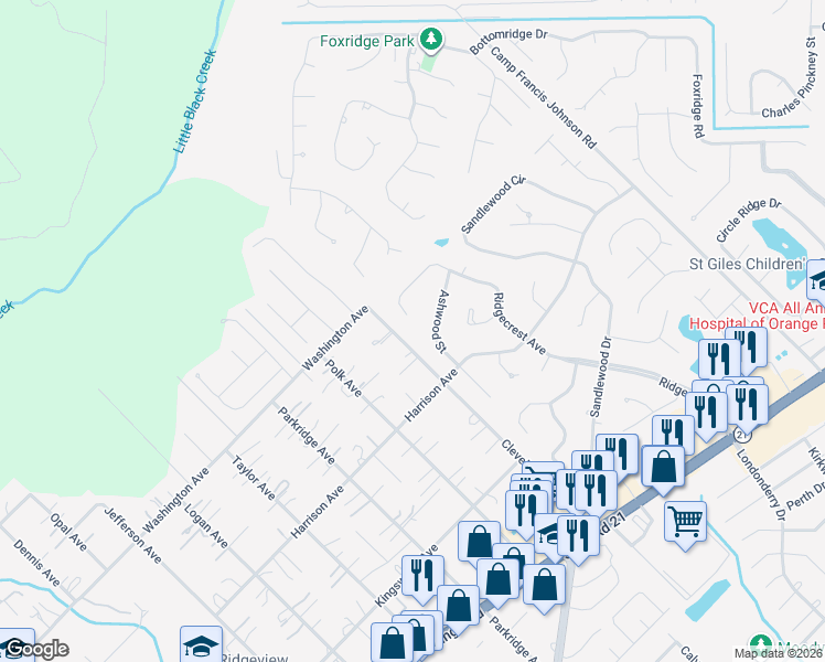 map of restaurants, bars, coffee shops, grocery stores, and more near 2630 Ridgecrest Avenue in Orange Park
