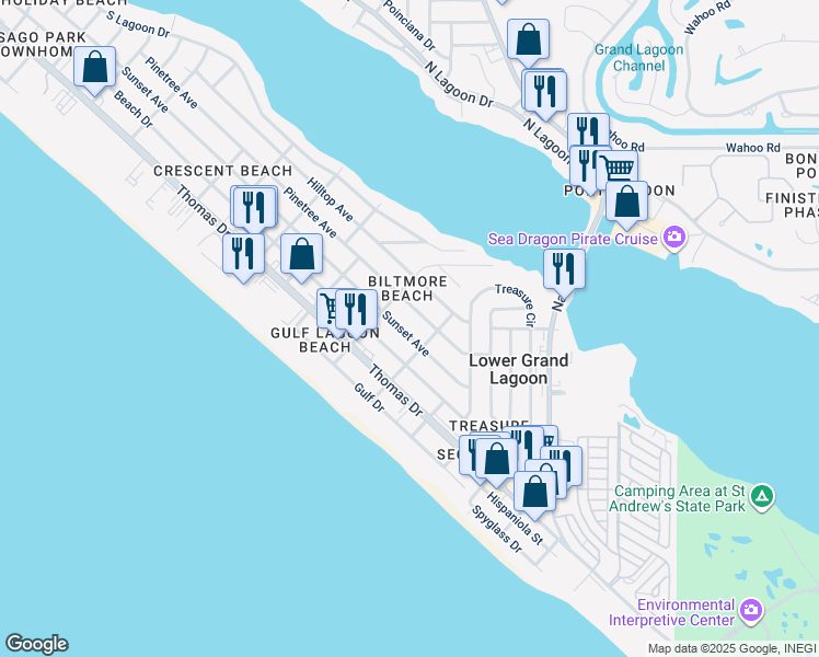 map of restaurants, bars, coffee shops, grocery stores, and more near 5410 Sunset Avenue in Panama City Beach