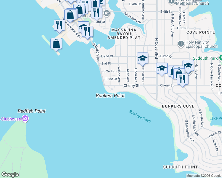 map of restaurants, bars, coffee shops, grocery stores, and more near 100 Cherry Street in Panama City