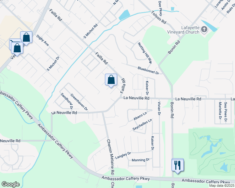 map of restaurants, bars, coffee shops, grocery stores, and more near 1106 La Neuville Road in Lafayette