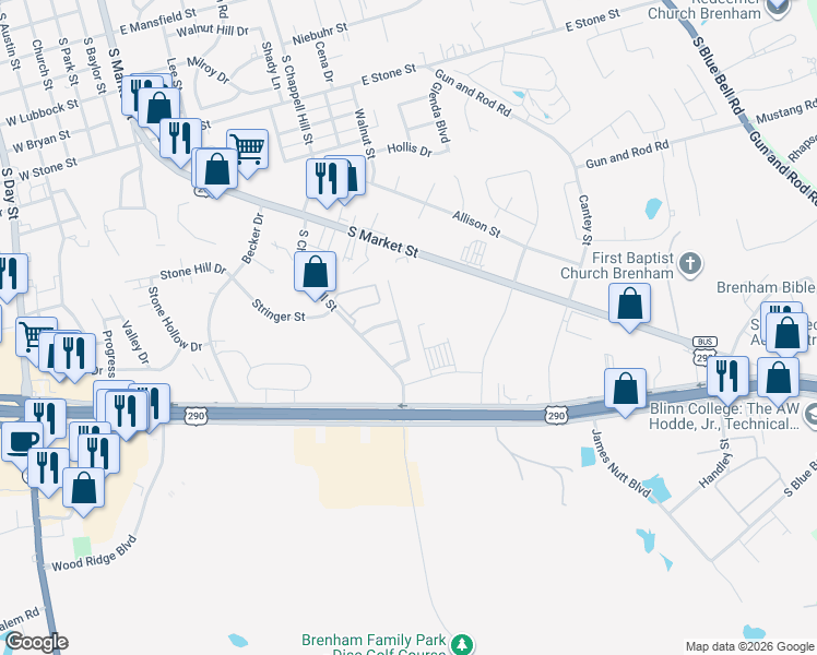 map of restaurants, bars, coffee shops, grocery stores, and more near 2605 Cheyenne Drive in Brenham
