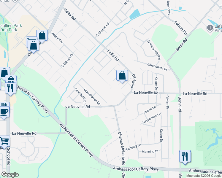 map of restaurants, bars, coffee shops, grocery stores, and more near 147 Sandest Drive in Lafayette