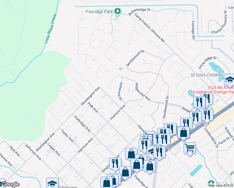 map of restaurants, bars, coffee shops, grocery stores, and more near 2630 Ridgecrest Avenue in Orange Park