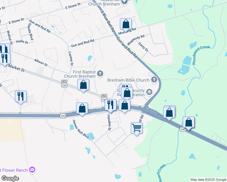 map of restaurants, bars, coffee shops, grocery stores, and more near 2202 Springwood Drive in Brenham