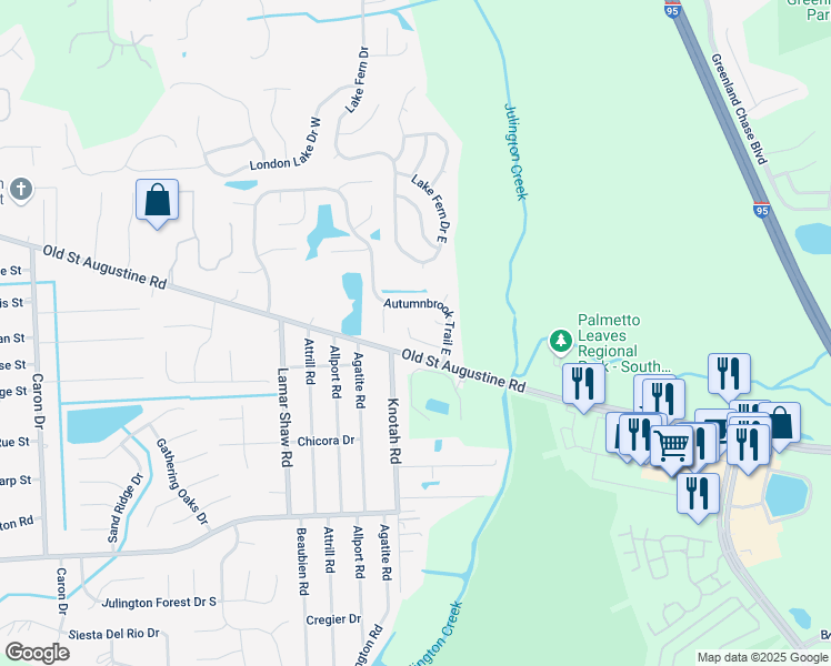 map of restaurants, bars, coffee shops, grocery stores, and more near 5545 Autumnbrook Court in Jacksonville