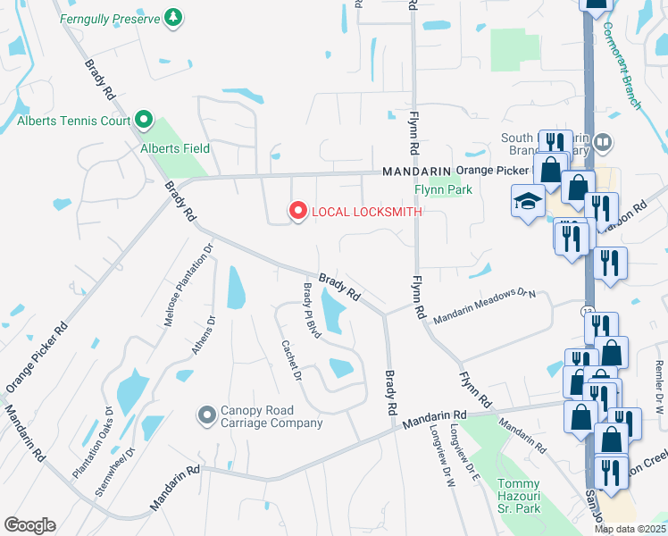 map of restaurants, bars, coffee shops, grocery stores, and more near 12361 Brady Manor Way in Jacksonville