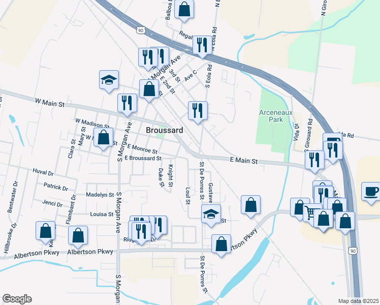 map of restaurants, bars, coffee shops, grocery stores, and more near 518 East Main Street in Broussard