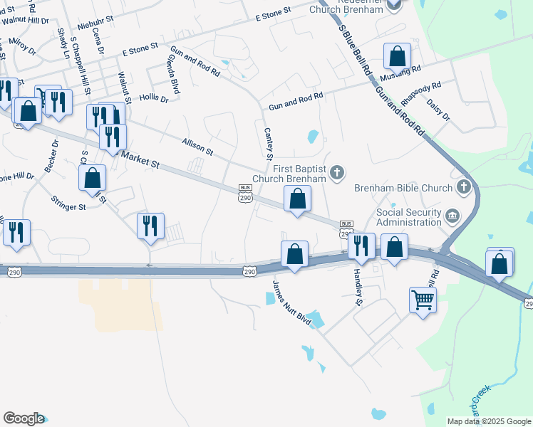 map of restaurants, bars, coffee shops, grocery stores, and more near 2681 Cantey Street in Brenham