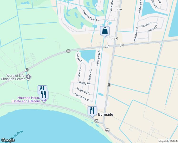 map of restaurants, bars, coffee shops, grocery stores, and more near 5239 Seneca Drive in Darrow
