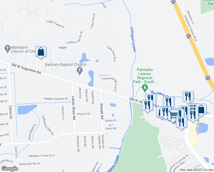 map of restaurants, bars, coffee shops, grocery stores, and more near 5545 Autumnbrook Court in Jacksonville