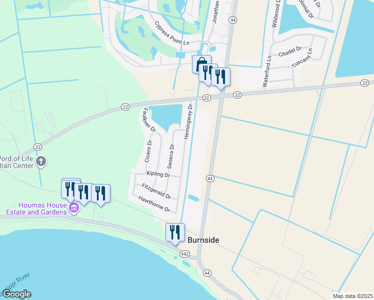 map of restaurants, bars, coffee shops, grocery stores, and more near 5252 Hemingway Drive in Darrow