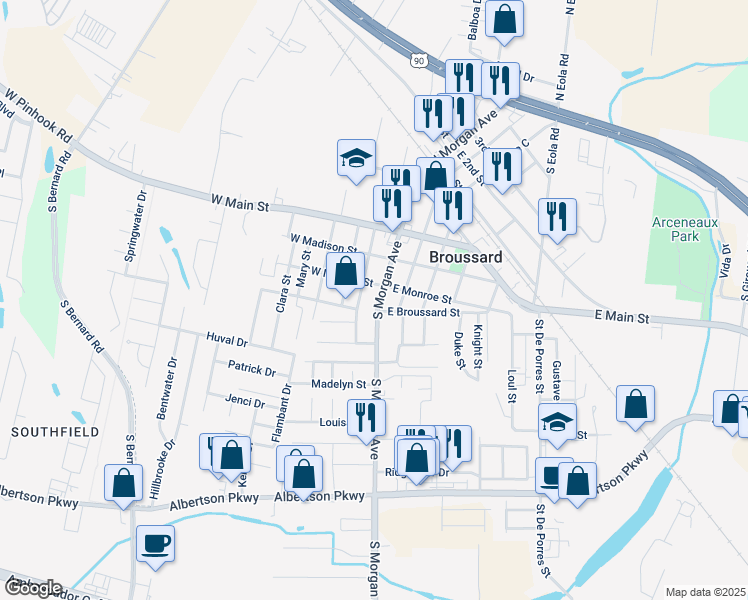 map of restaurants, bars, coffee shops, grocery stores, and more near 306 S Morgan Ave in Broussard