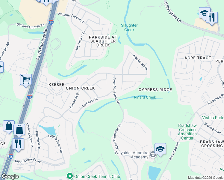 map of restaurants, bars, coffee shops, grocery stores, and more near 10200 La Costa Drive in Austin