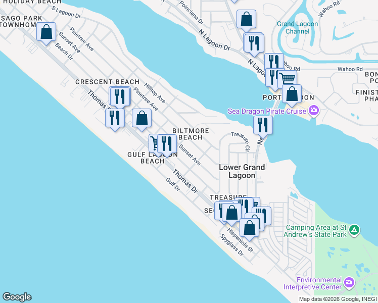 map of restaurants, bars, coffee shops, grocery stores, and more near 5422 Sunset Avenue in Panama City
