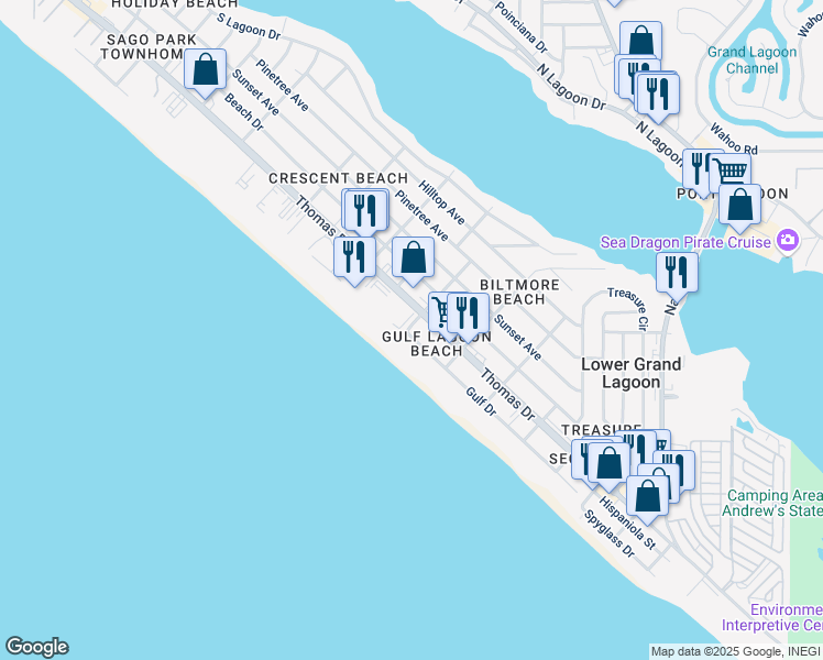 map of restaurants, bars, coffee shops, grocery stores, and more near 4117 Luff Street in Panama City Beach