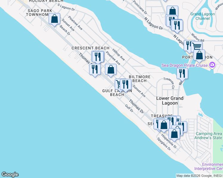 map of restaurants, bars, coffee shops, grocery stores, and more near 5622 Gulf Drive in Panama City