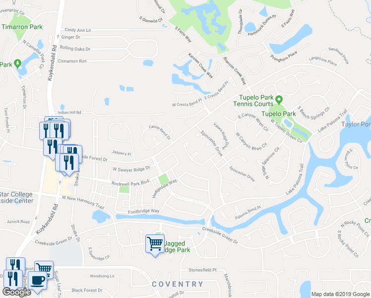 map of restaurants, bars, coffee shops, grocery stores, and more near 127 West Valera Ridge Place in Spring