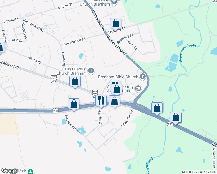 map of restaurants, bars, coffee shops, grocery stores, and more near 2202 Springwood Drive in Brenham