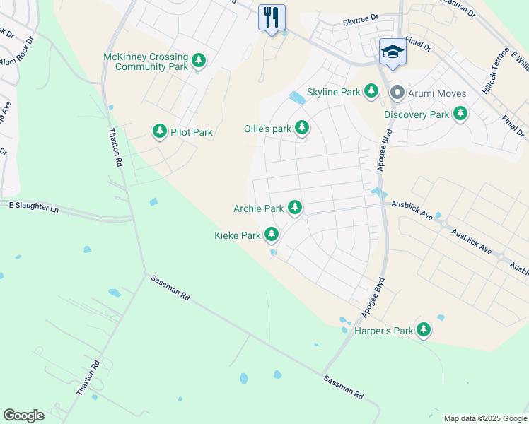 map of restaurants, bars, coffee shops, grocery stores, and more near 7809 Orizzonte Street in Austin