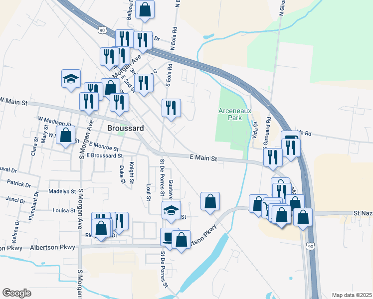 map of restaurants, bars, coffee shops, grocery stores, and more near 614 East 2nd Street in Broussard