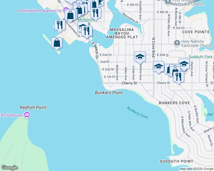 map of restaurants, bars, coffee shops, grocery stores, and more near 100 Cherry Street in Panama City