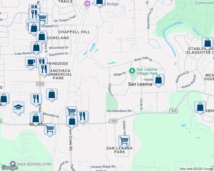 map of restaurants, bars, coffee shops, grocery stores, and more near 11517 Hunting Creek Lane in Austin