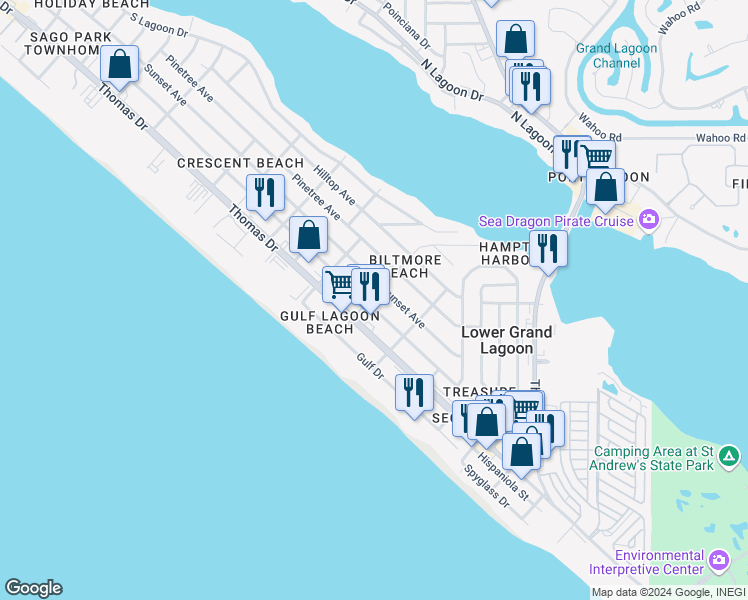 map of restaurants, bars, coffee shops, grocery stores, and more near 5510 Beach Drive in Panama City