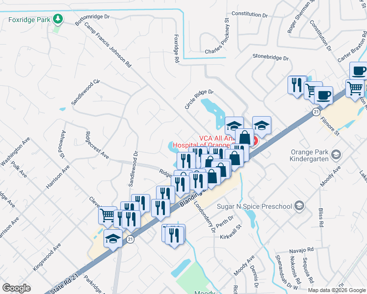 map of restaurants, bars, coffee shops, grocery stores, and more near 2436 Longwood Street in Orange Park