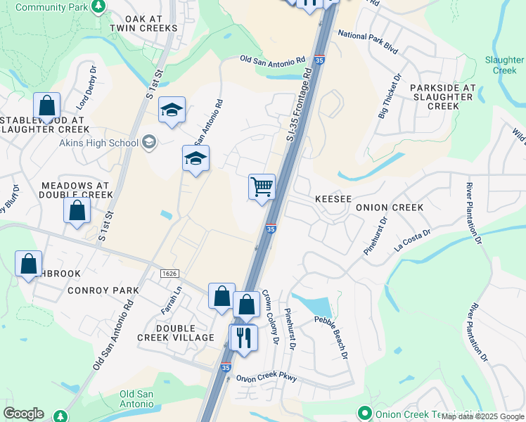 map of restaurants, bars, coffee shops, grocery stores, and more near 10730 South Interstate 35 Frontage Road in Austin