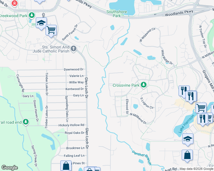 map of restaurants, bars, coffee shops, grocery stores, and more near 26339 McDonald Road in The Woodlands
