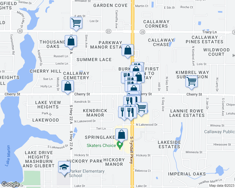 map of restaurants, bars, coffee shops, grocery stores, and more near 5366 Cherry Street in Panama City