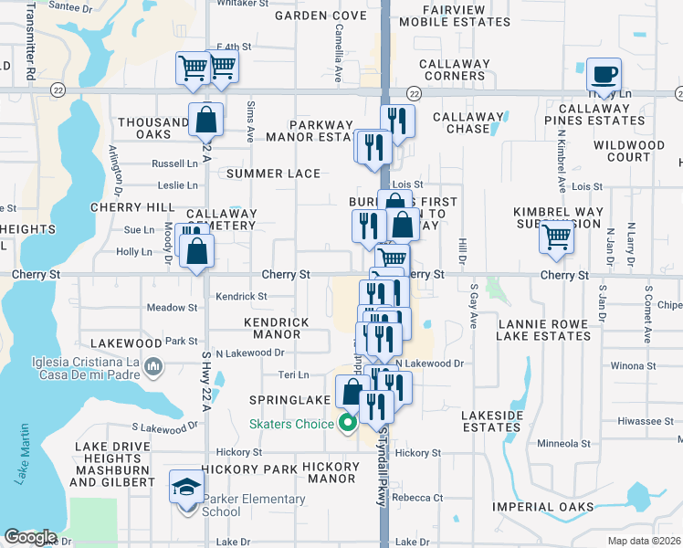 map of restaurants, bars, coffee shops, grocery stores, and more near 5368 Cherry Street in Callaway