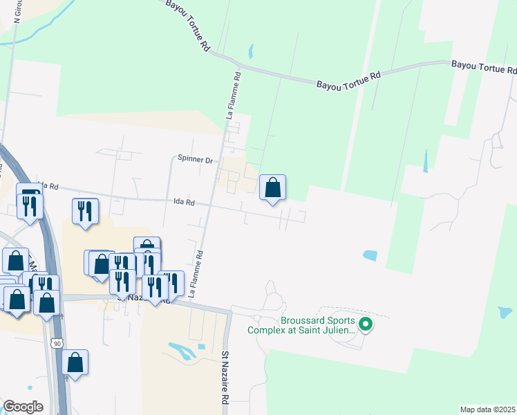 map of restaurants, bars, coffee shops, grocery stores, and more near 119 Lafferty Drive in Broussard