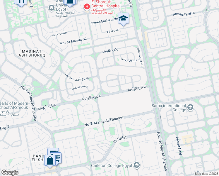 map of restaurants, bars, coffee shops, grocery stores, and more near الحى الثالث غرب شارع عبد المنعم واصل in El Shorouk